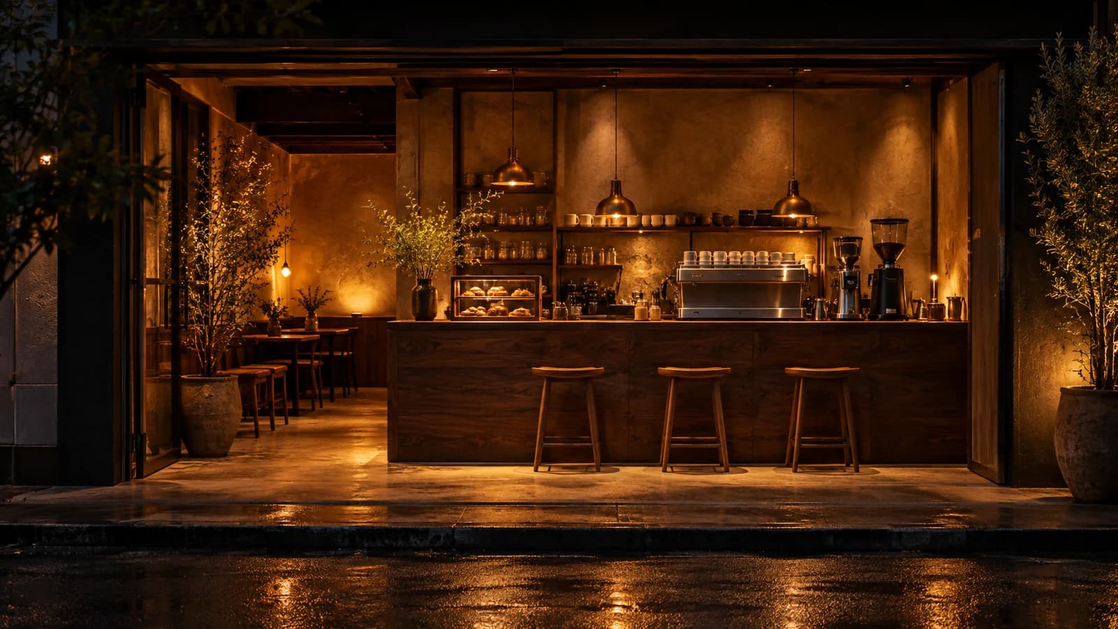 Un pequeño café iluminado al anochecer: una de las posibilidades de diseño de Pixevi